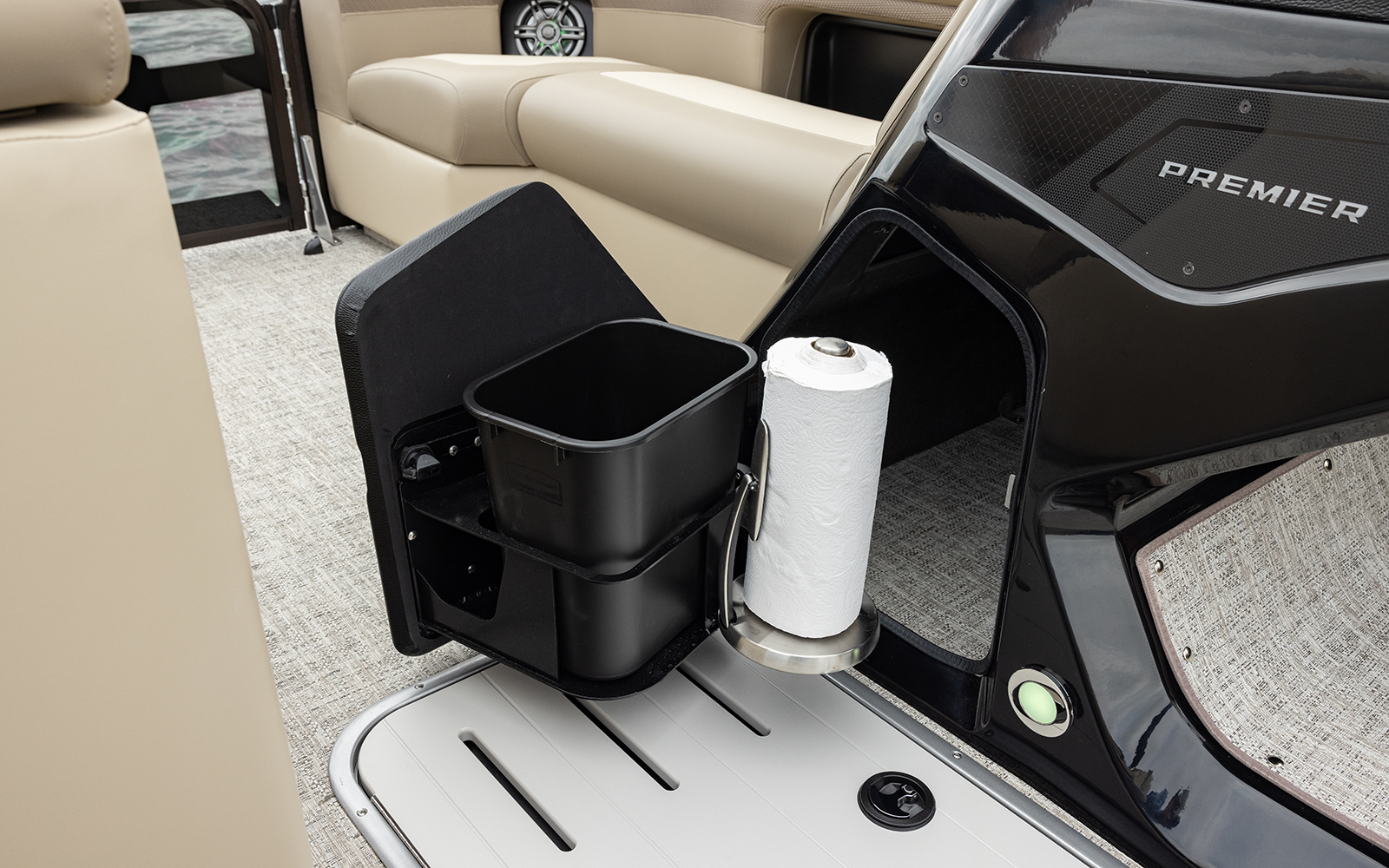 Helm storage with trash can and paper towel holder